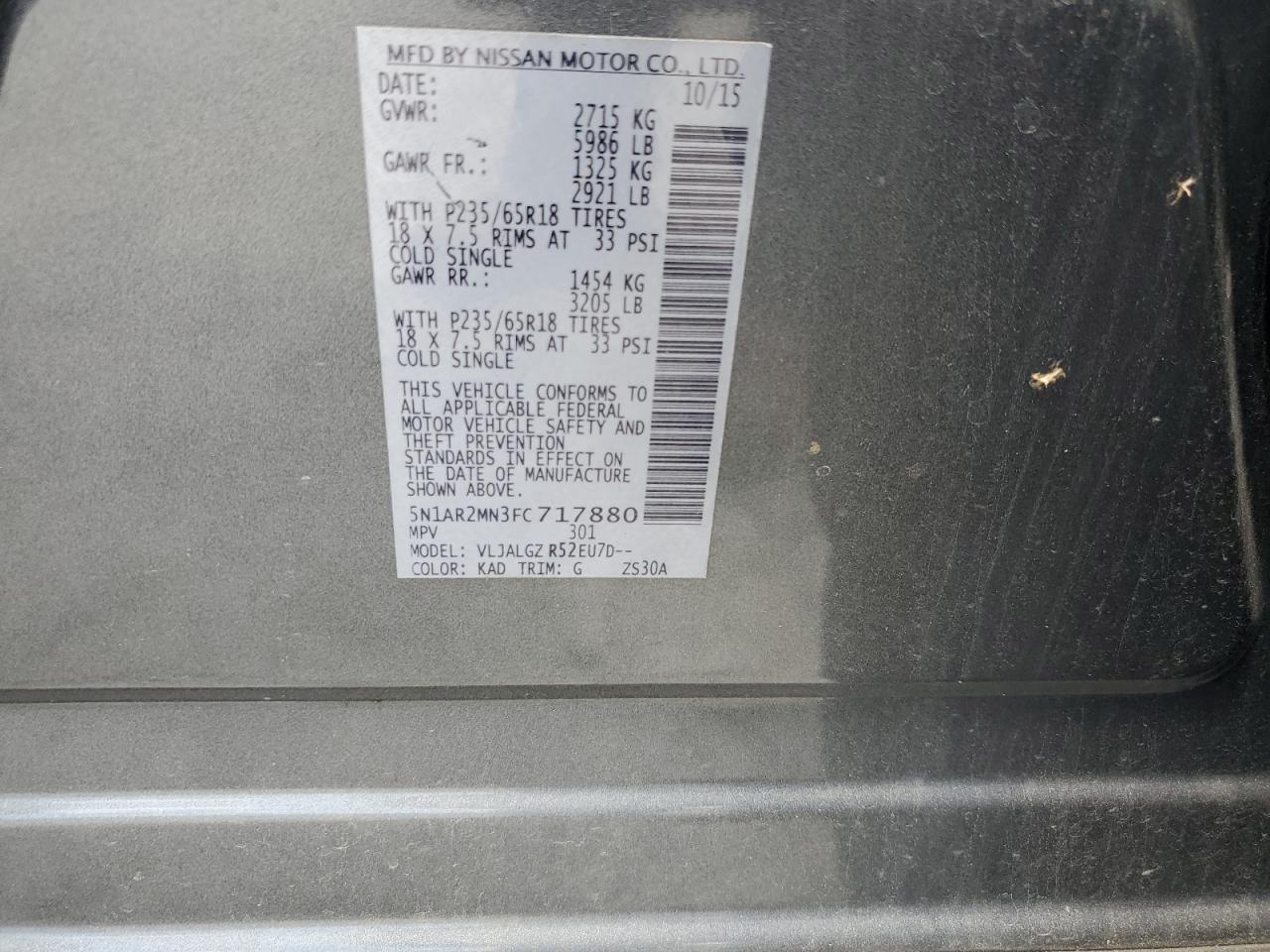 2015 Nissan Pathfinder S VIN: 5N1AR2MN3FC717880 Lot: 67082155