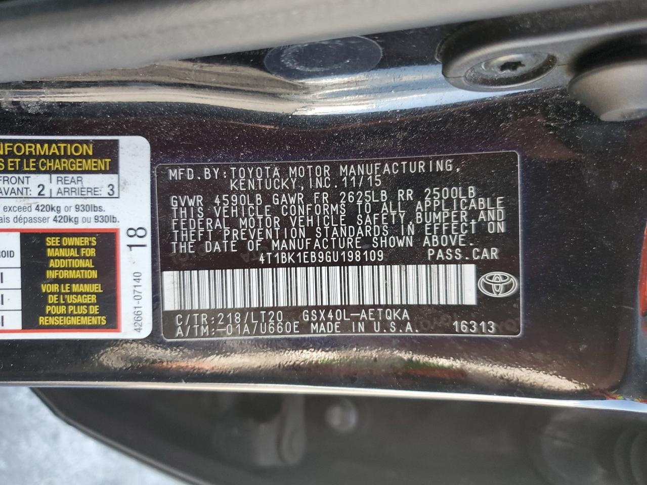 2016 Toyota Avalon Xle VIN: 4T1BK1EB9GU198109 Lot: 67636585