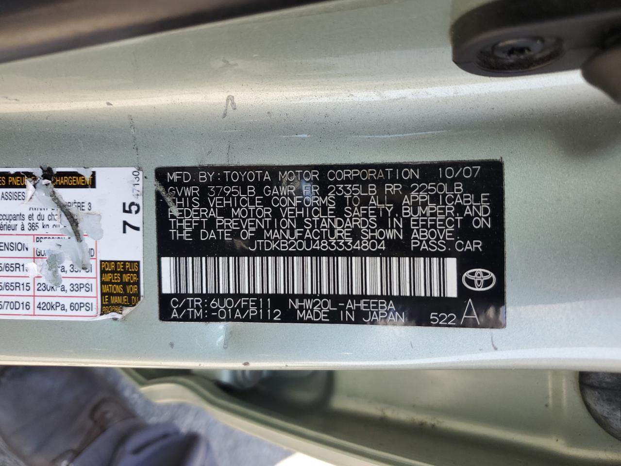 2008 Toyota Prius VIN: JTDKB20U483334804 Lot: 69118585