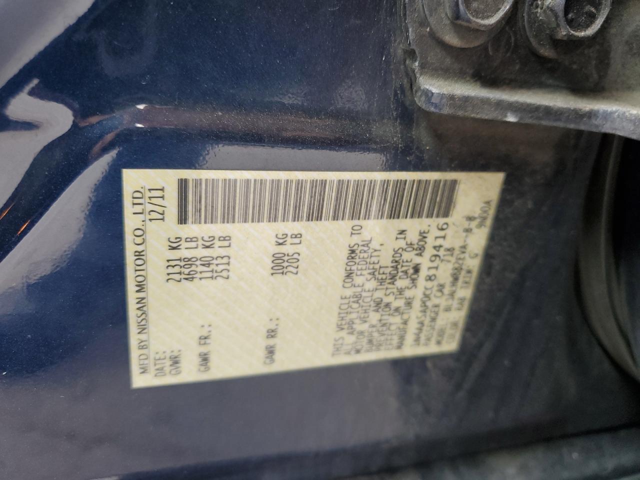 2012 Nissan Maxima S VIN: 1N4AA5AP0CC819416 Lot: 68673825