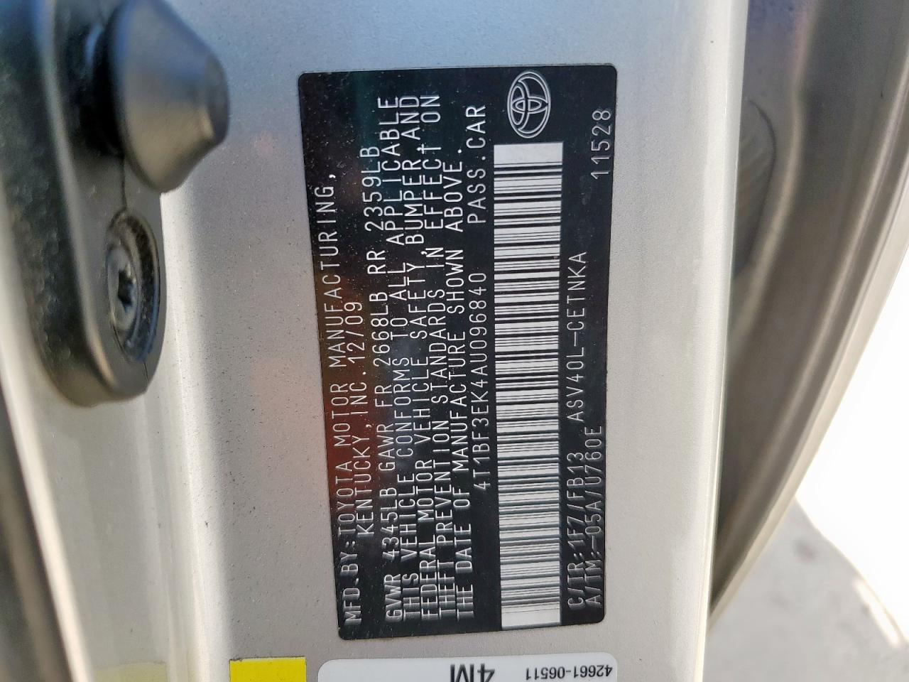 2010 Toyota Camry Base VIN: 4T1BF3EK4AU096840 Lot: 68418935