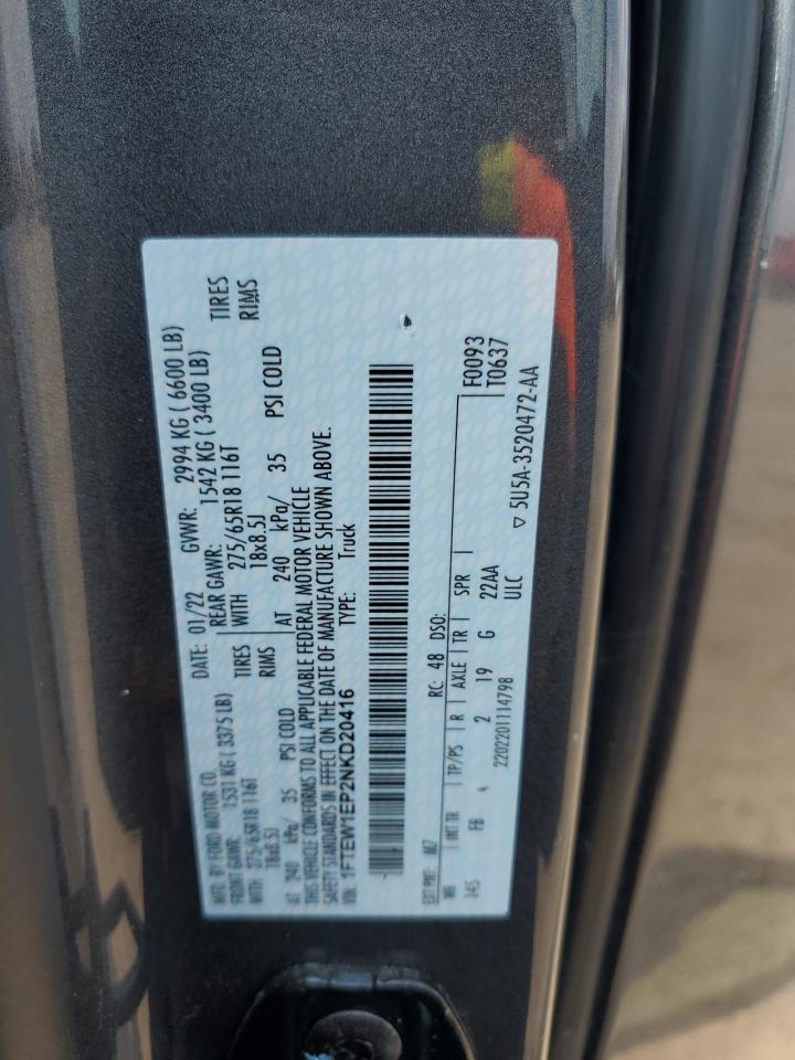 2022 Ford F150 Supercrew VIN: 1FTEW1EP2NKD20416 Lot: 68770055