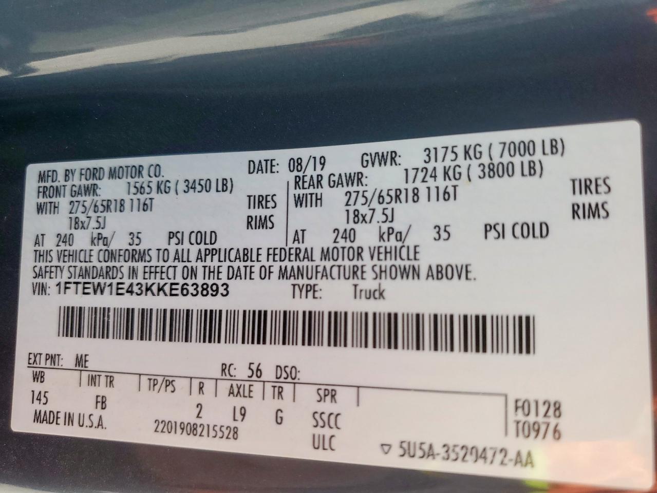 2019 Ford F150 Supercrew VIN: 1FTEW1E43KKE63893 Lot: 69067325