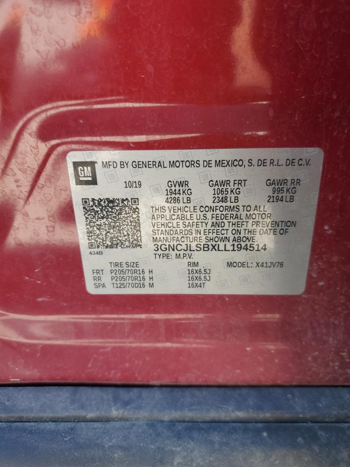 2020 Chevrolet Trax 1Lt VIN: 3GNCJLSBXLL194514 Lot: 68042035