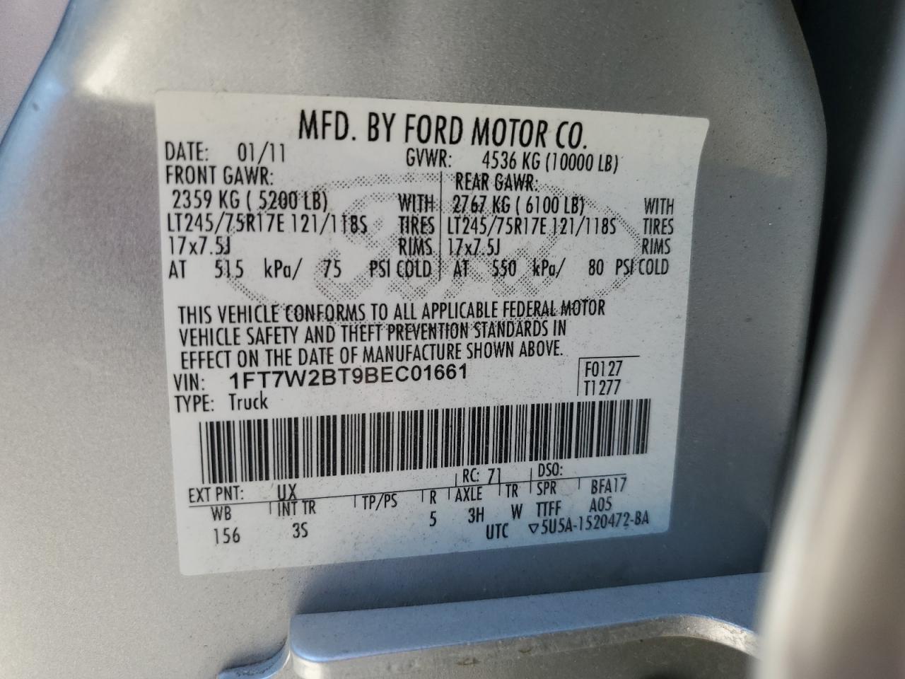 2011 Ford F250 Super Duty VIN: 1FT7W2BT9BEC01661 Lot: 69381115