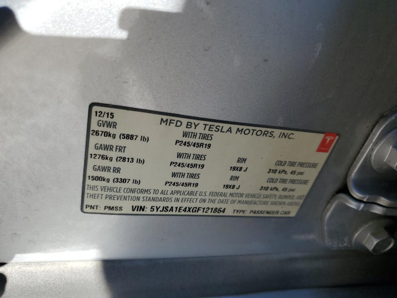 2016 Tesla Model S VIN: 5YJSA1E4XGF121864 Lot: 68696305