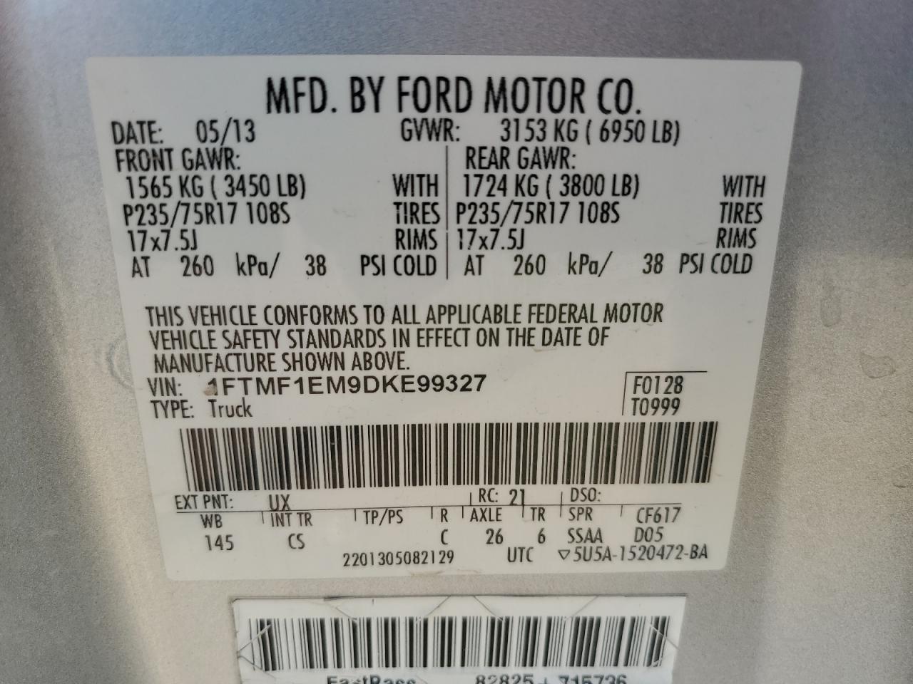 2013 Ford F150 VIN: 1FTMF1EM9DKE99327 Lot: 69840555