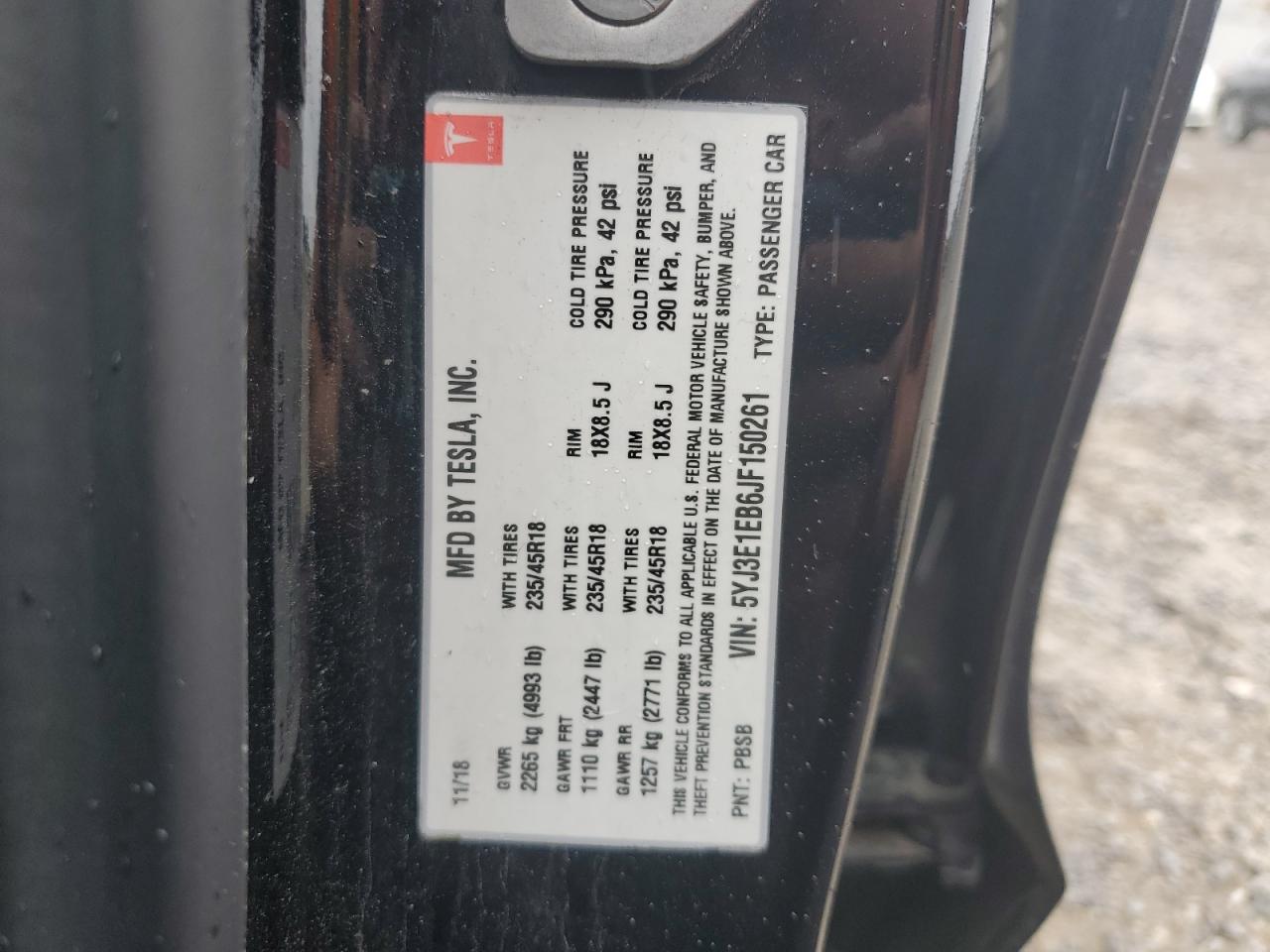 5YJ3E1EB6JF150261 2018 Tesla Model 3