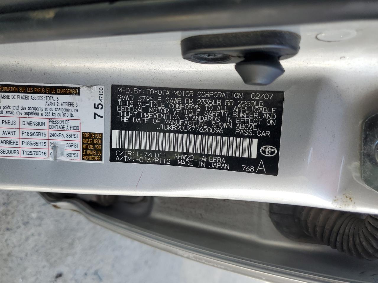 2007 Toyota Prius VIN: JTDKB20UX77620096 Lot: 70057475