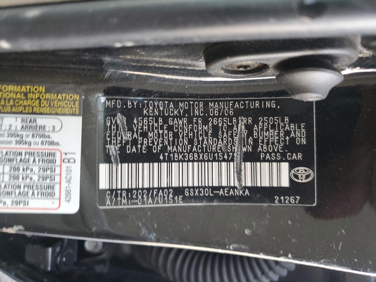 2006 Toyota Avalon Xl VIN: 4T1BK36BX6U154757 Lot: 70371805