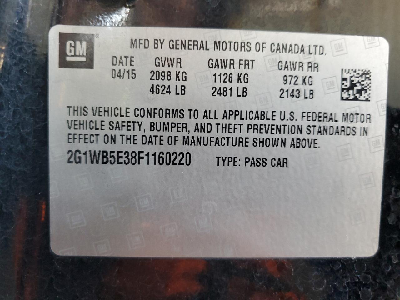 2015 Chevrolet Impala Limited Lt VIN: 2G1WB5E38F1160220 Lot: 71207975