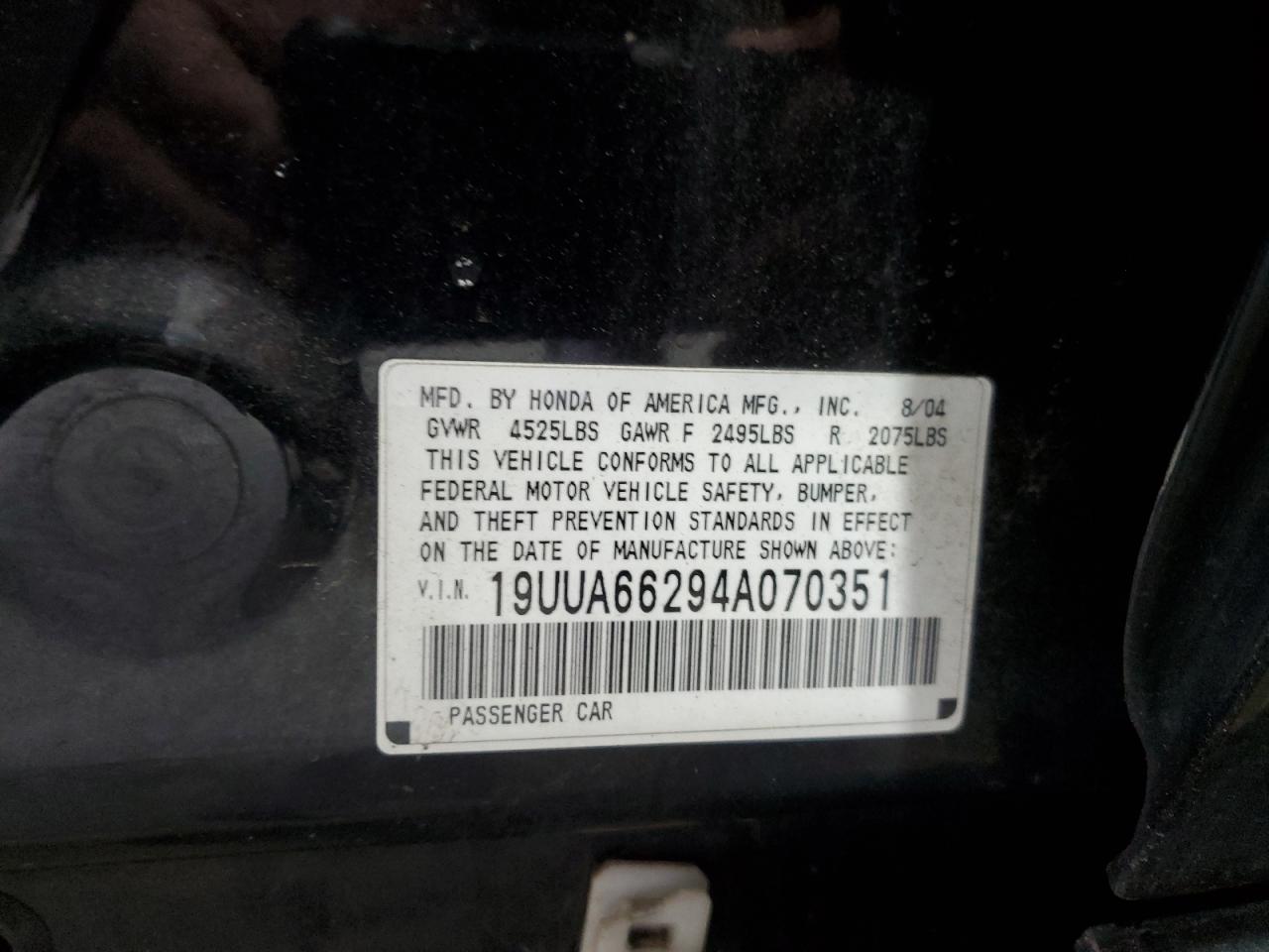 2004 Acura Tl VIN: 19UUA66294A070351 Lot: 68448805