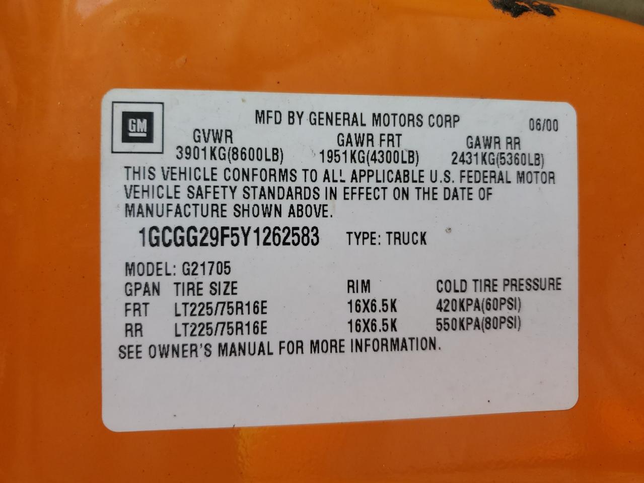 2000 Chevrolet Express G2500 VIN: 1GCGG29F5Y1262583 Lot: 70409045