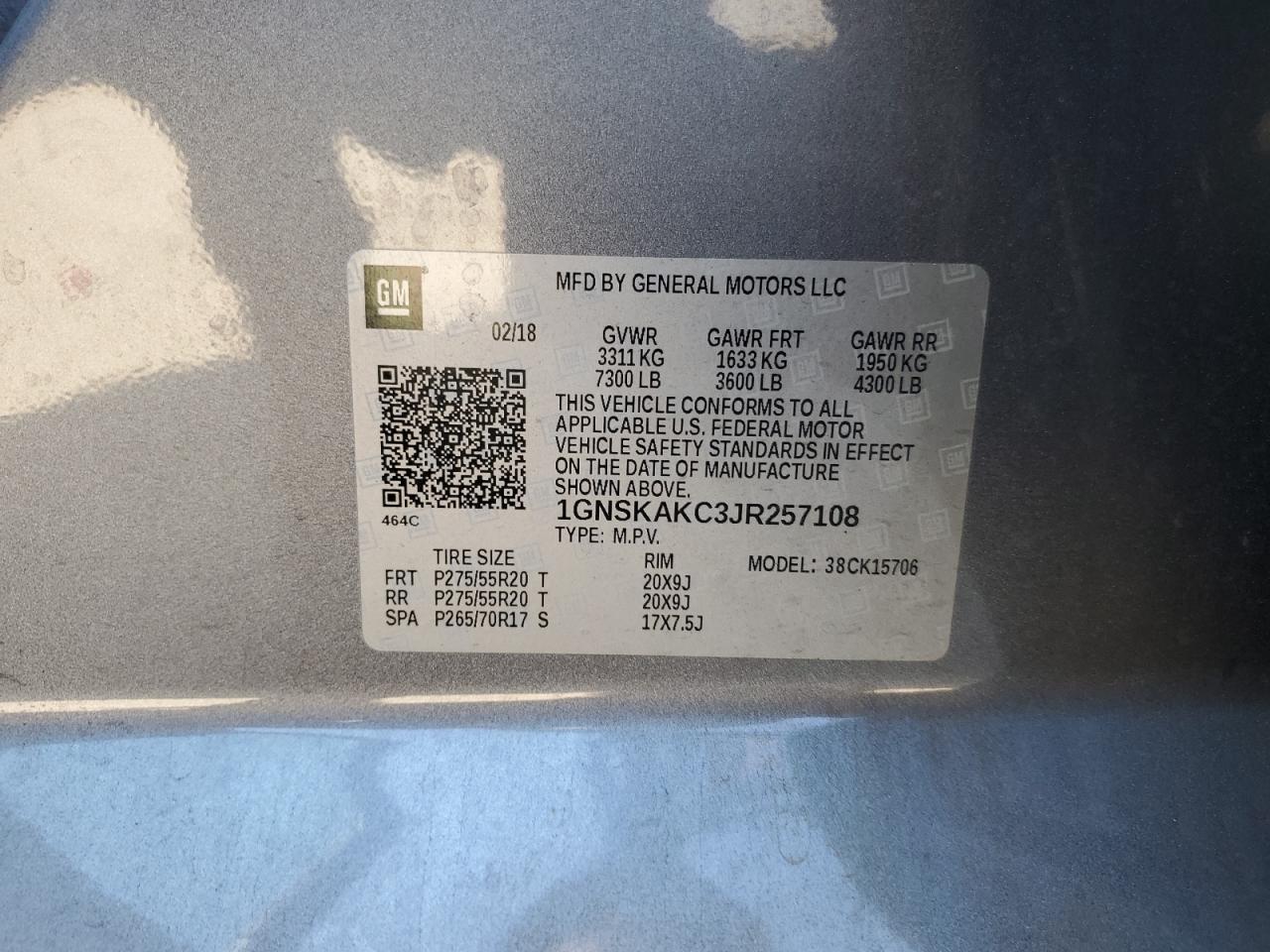 2018 Chevrolet Tahoe K1500 Ls VIN: 1GNSKAKC3JR257108 Lot: 70015515