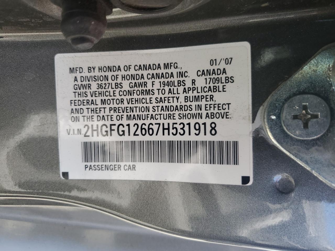 2007 Honda Civic Lx VIN: 2HGFG12667H531918 Lot: 69499095