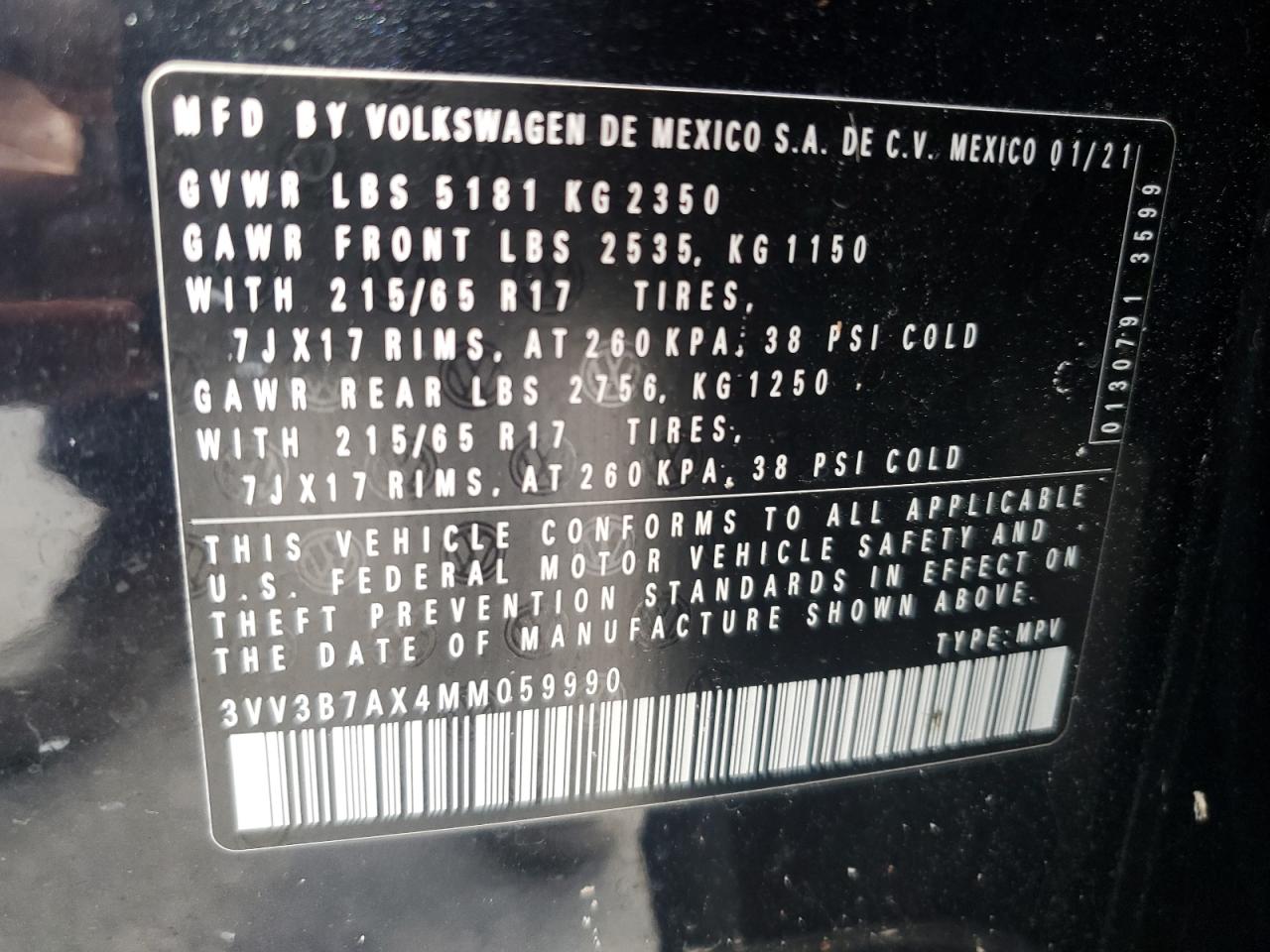 2021 Volkswagen Tiguan Se VIN: 3VV3B7AX4MM059990 Lot: 70744715