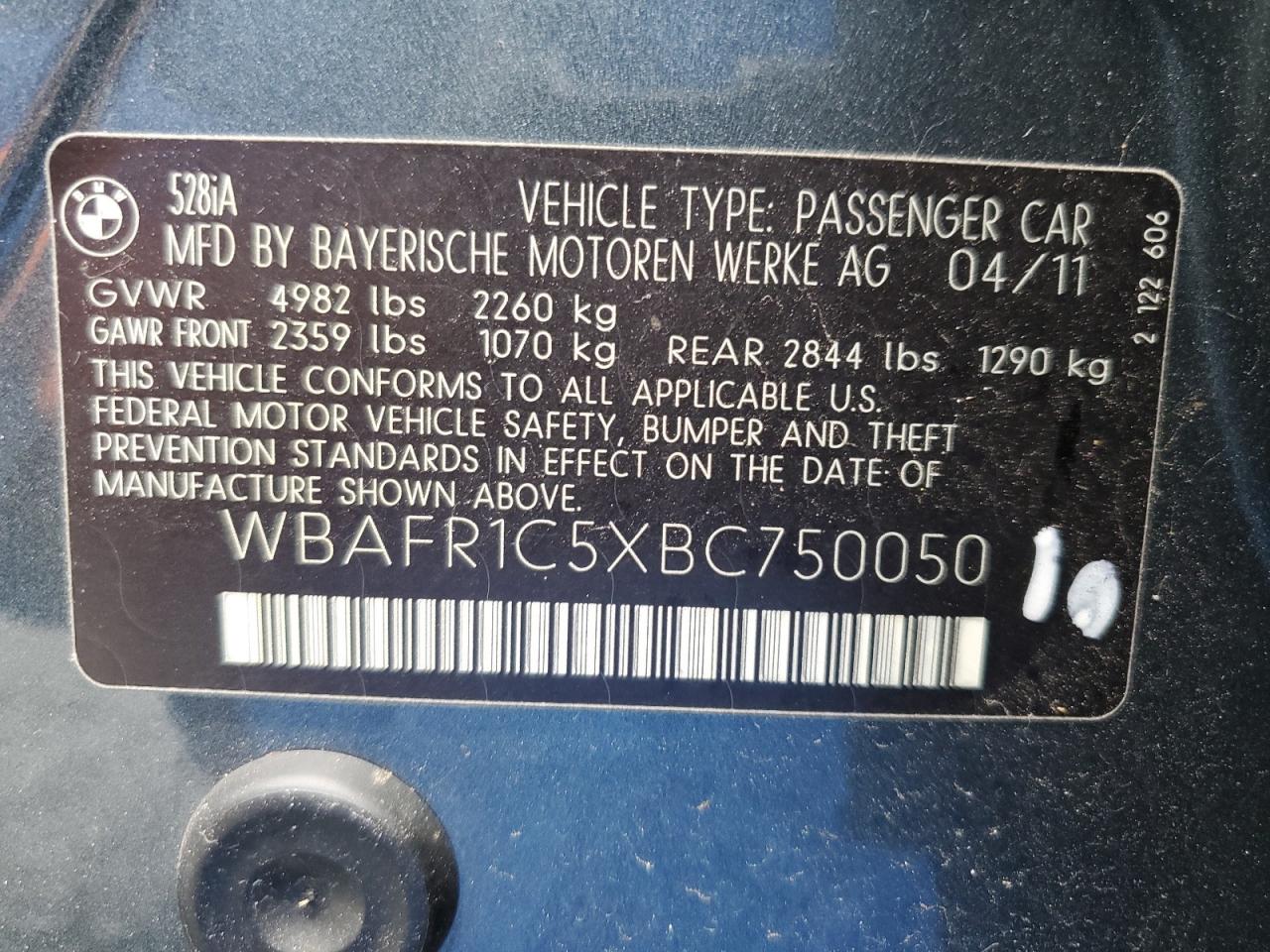 2011 BMW 528 I VIN: WBAFR1C5XBC750050 Lot: 70327815