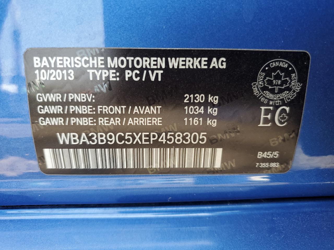 2014 BMW 335 Xi VIN: WBA3B9C5XEP458305 Lot: 67415405