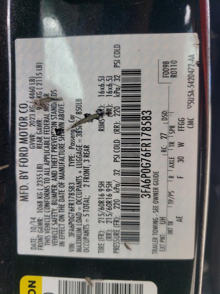 2015 Ford Fusion S VIN: 3FA6P0G76FR178583 Lot: 70775675