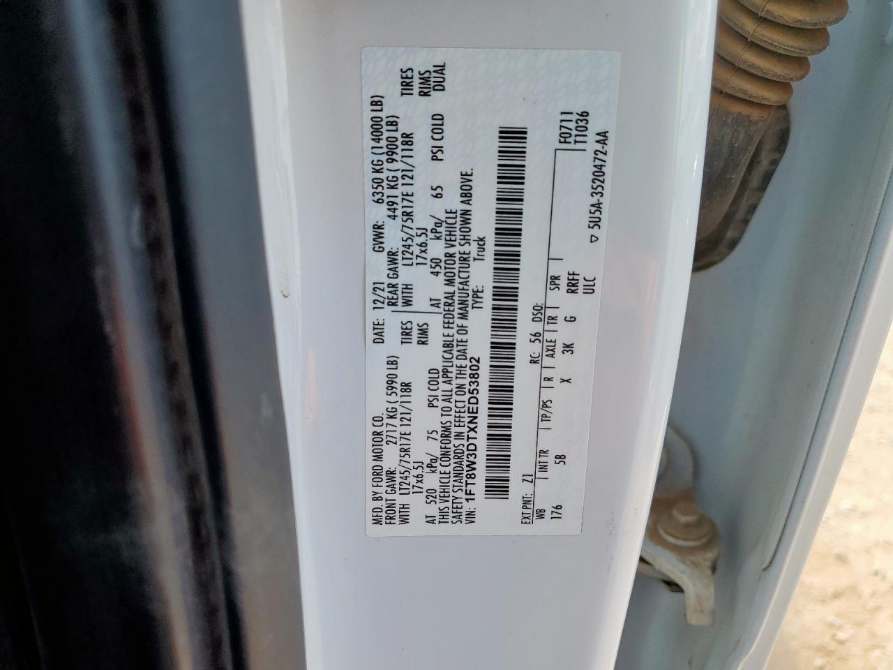 2022 Ford F350 Super Duty VIN: 1FT8W3DTXNED53802 Lot: 67784495