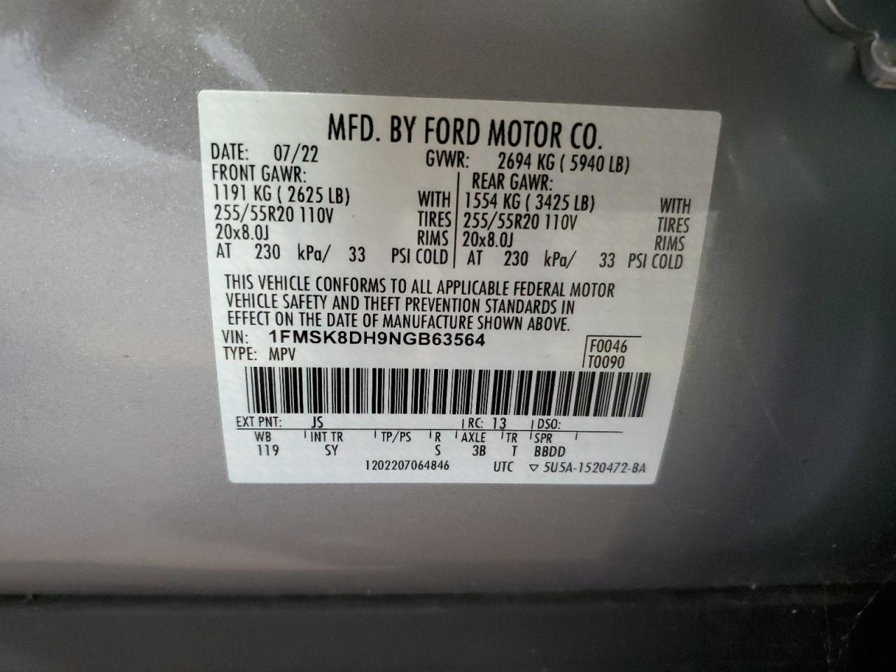 2022 Ford Explorer Xlt VIN: 1FMSK8DH9NGB63564 Lot: 69272595