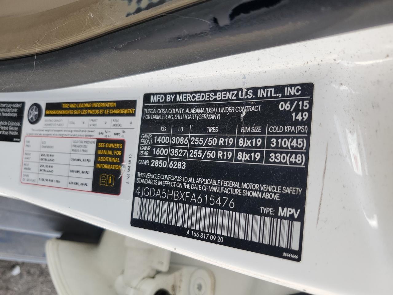 2015 Mercedes-Benz Ml 350 4Matic VIN: 4JGDA5HBXFA615476 Lot: 69053495