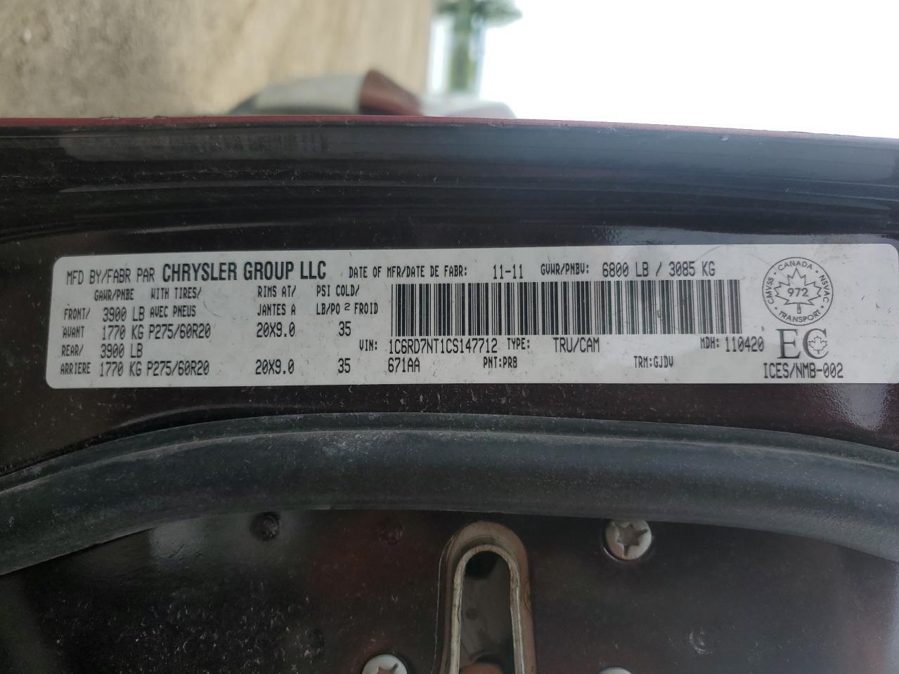 2012 Dodge Ram 1500 Laramie VIN: 1C6RD7NT1CS147712 Lot: 68217335