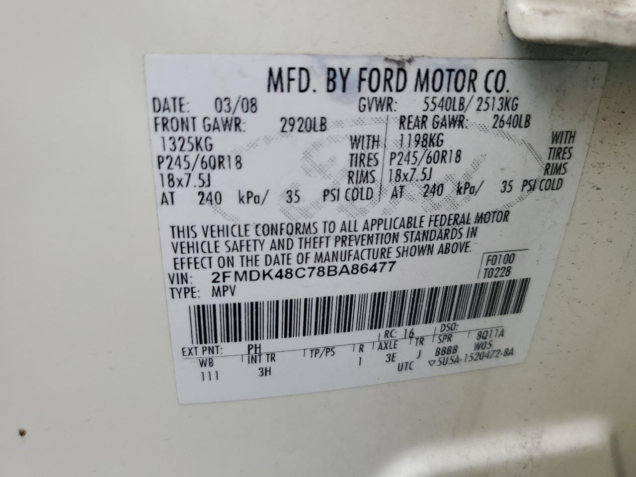 2008 Ford Edge Sel VIN: 2FMDK48C78BA86477 Lot: 66993095