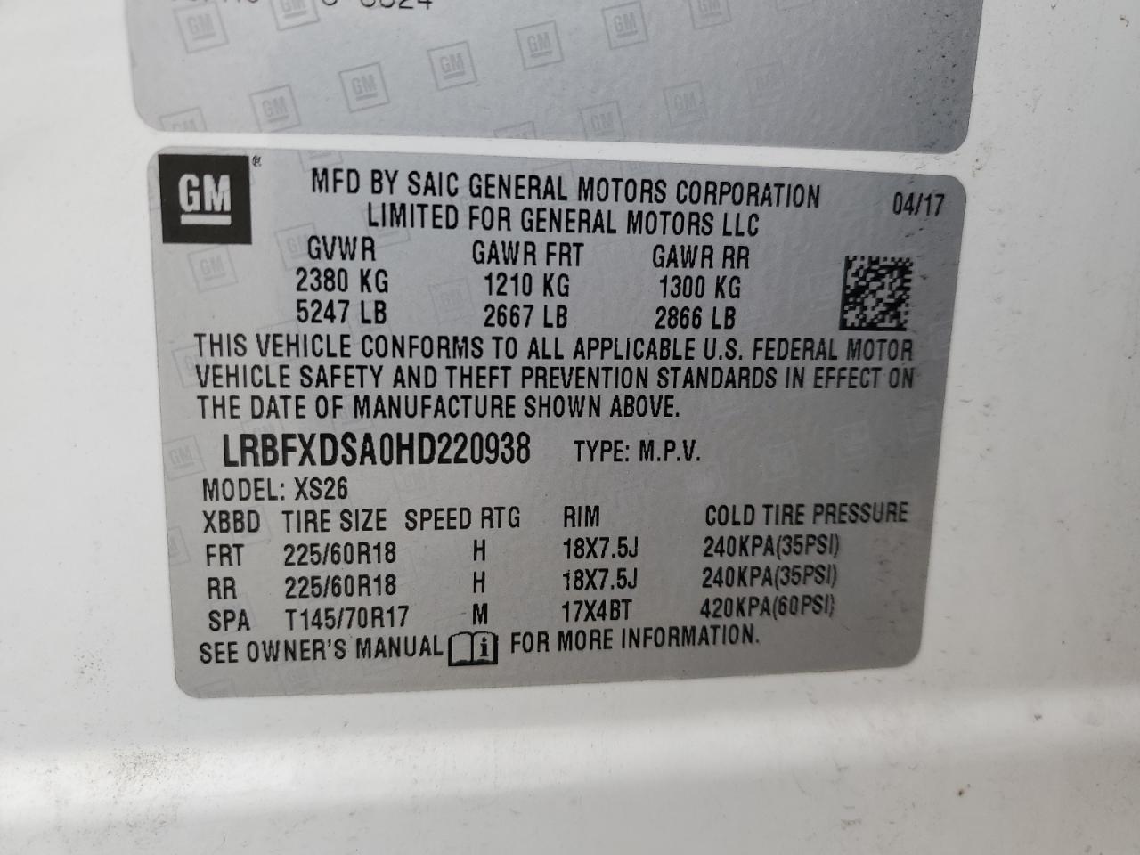 2017 Buick Envision Essence VIN: LRBFXDSA0HD220938 Lot: 69773705