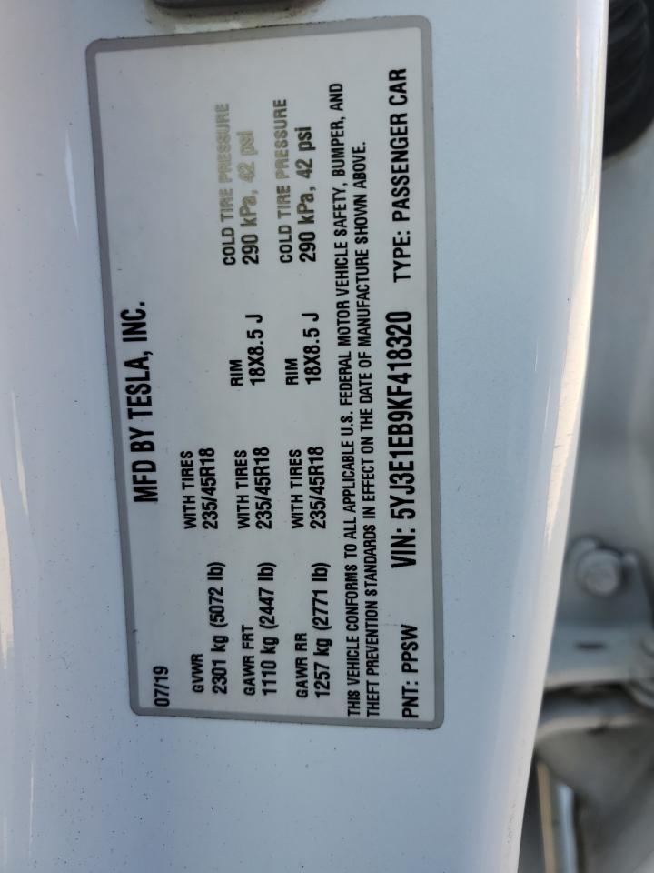 2019 Tesla Model 3 VIN: 5YJ3E1EB9KF418320 Lot: 69912465