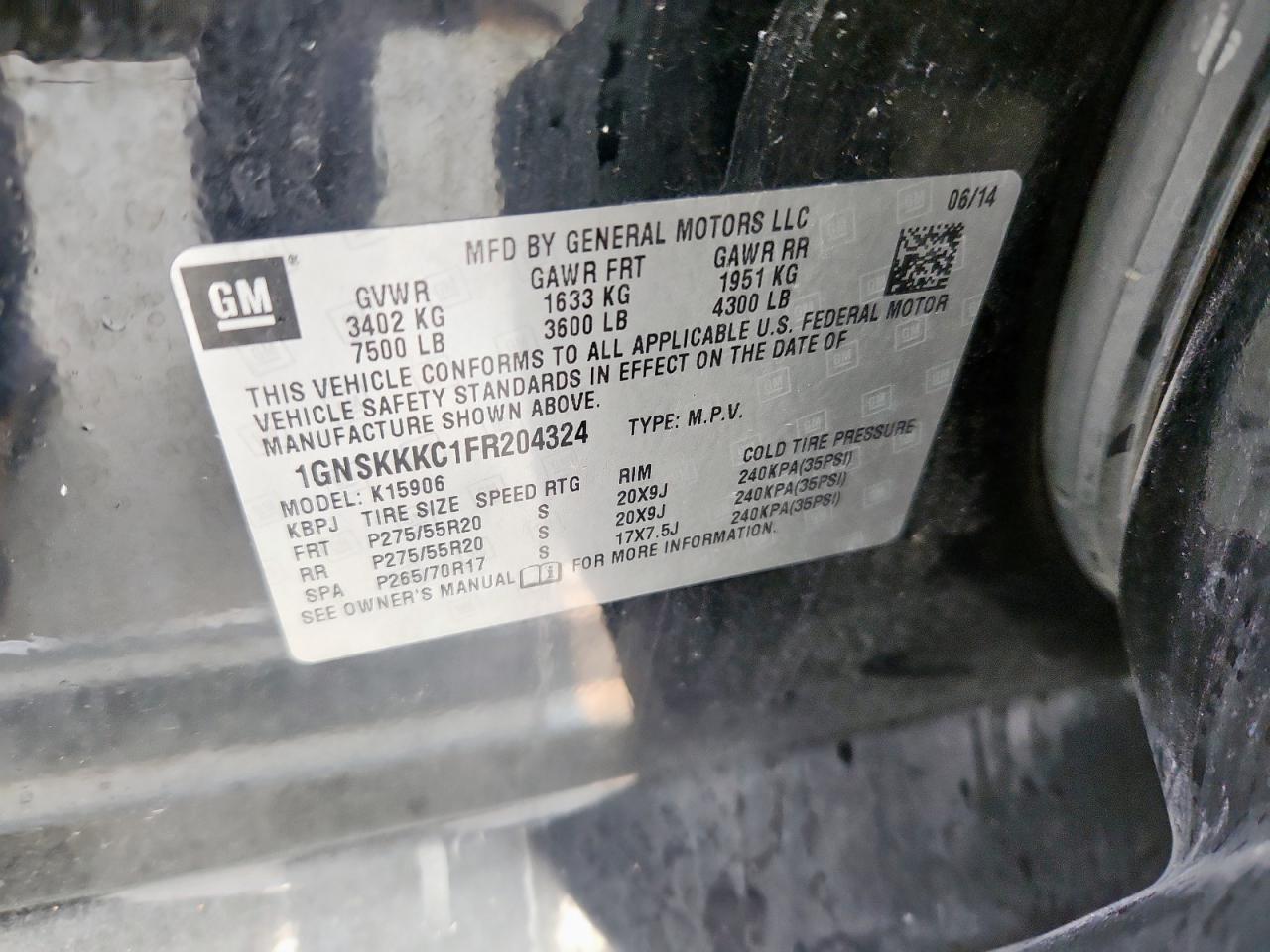 2015 Chevrolet Suburban K1500 Ltz VIN: 1GNSKKKC1FR204324 Lot: 70729595