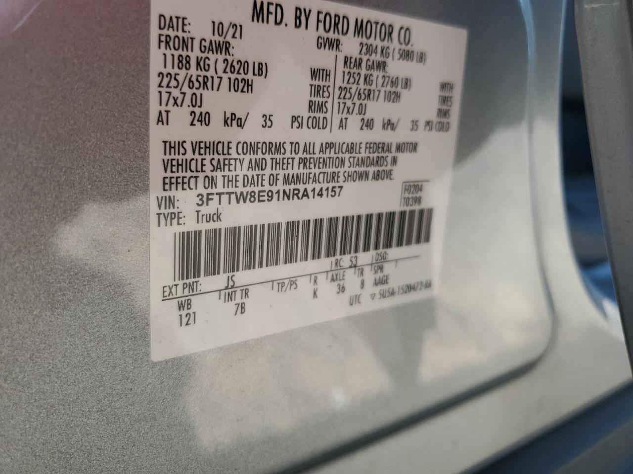 2022 Ford Maverick Xl VIN: 3FTTW8E91NRA14157 Lot: 70147665