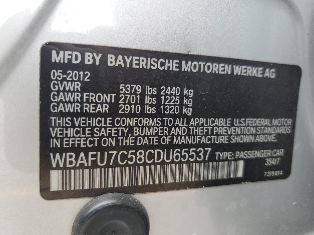 2012 BMW 535 Xi VIN: WBAFU7C58CDU65537 Lot: 69824025