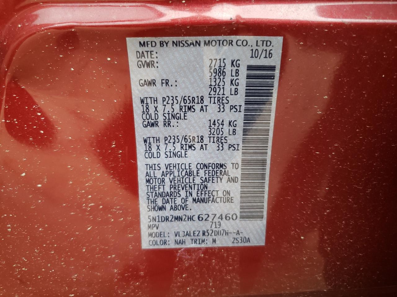 2017 Nissan Pathfinder S VIN: 5N1DR2MN2HC627460 Lot: 68875295