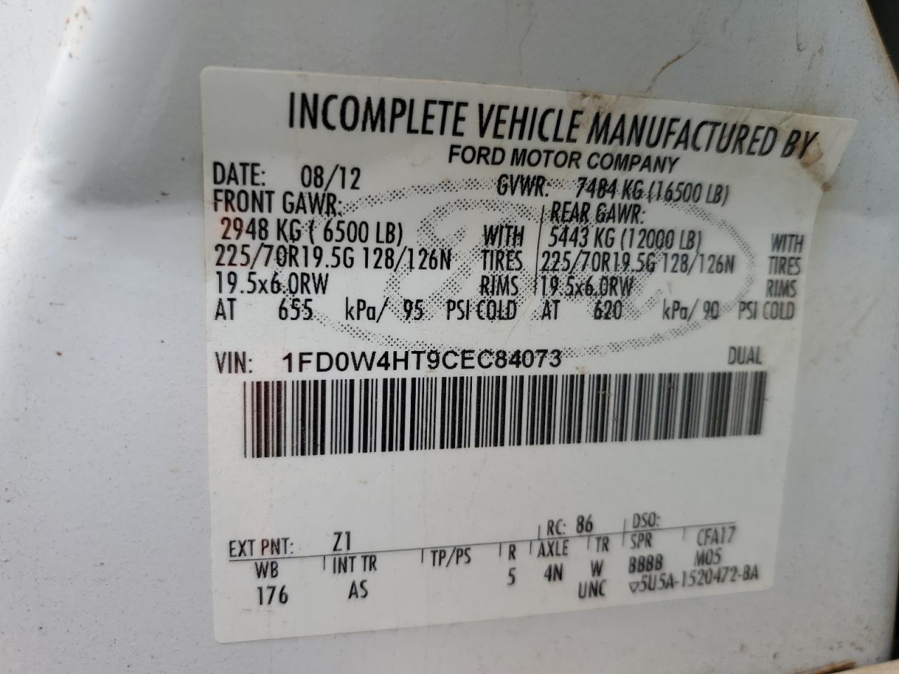 2012 Ford F450 Super Duty VIN: 1FD0W4HT9CEC84073 Lot: 68731655