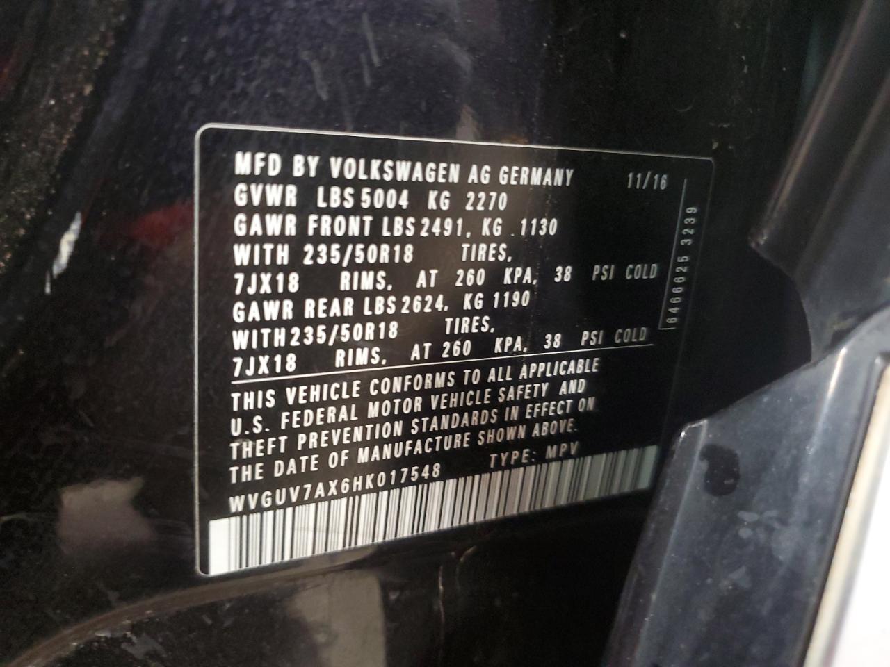 2017 Volkswagen Tiguan Sport VIN: WVGUV7AX6HK017548 Lot: 67629165