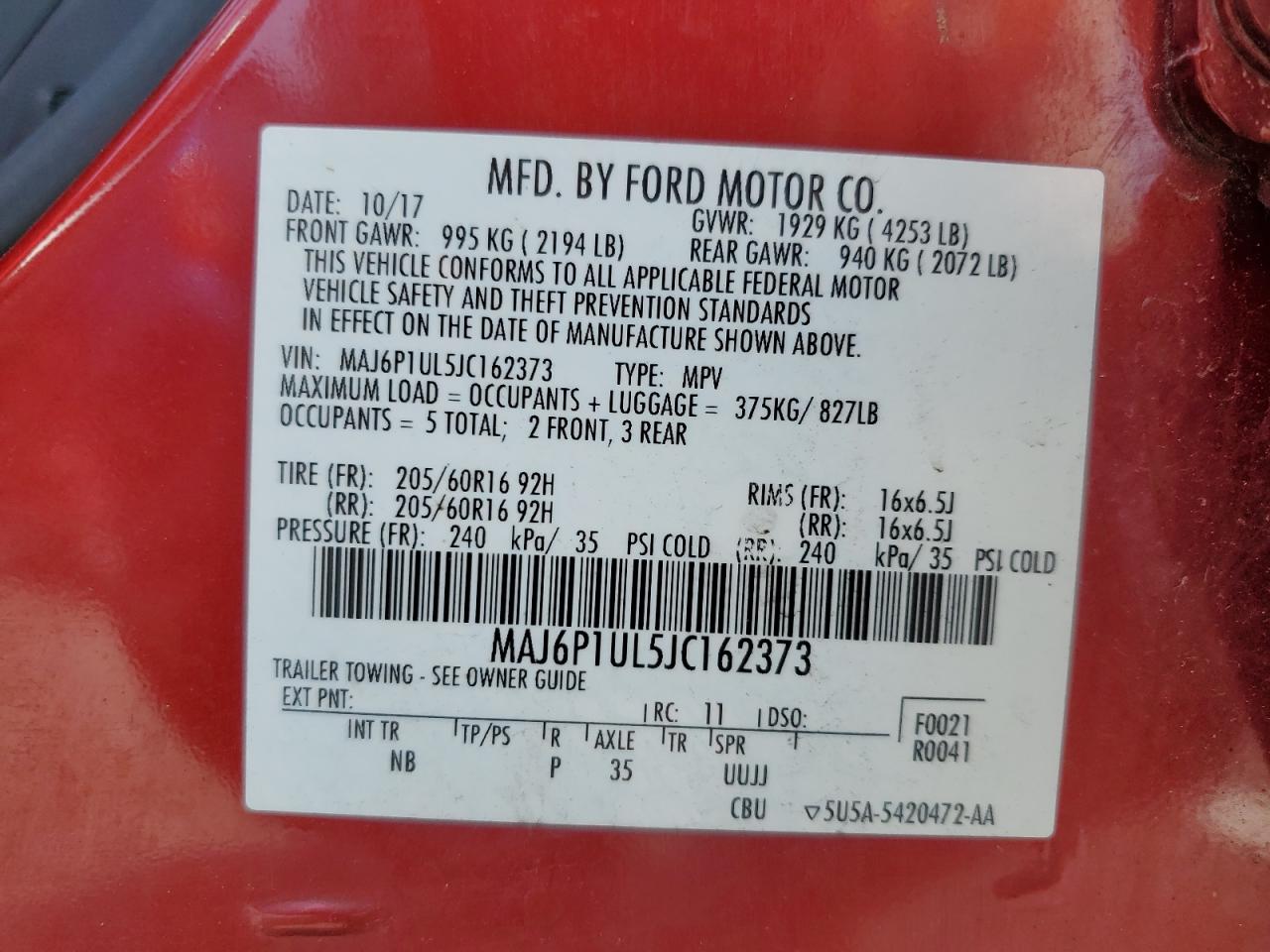 2018 Ford Ecosport Se VIN: MAJ6P1UL5JC162373 Lot: 67180835