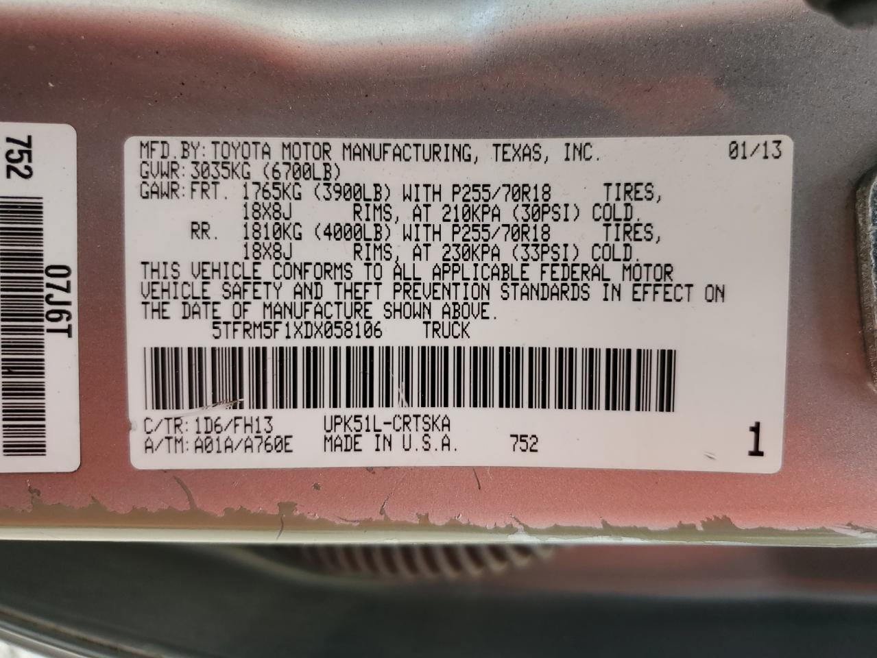 2013 Toyota Tundra Double Cab Sr5 VIN: 5TFRM5F1XDX058106 Lot: 69458375