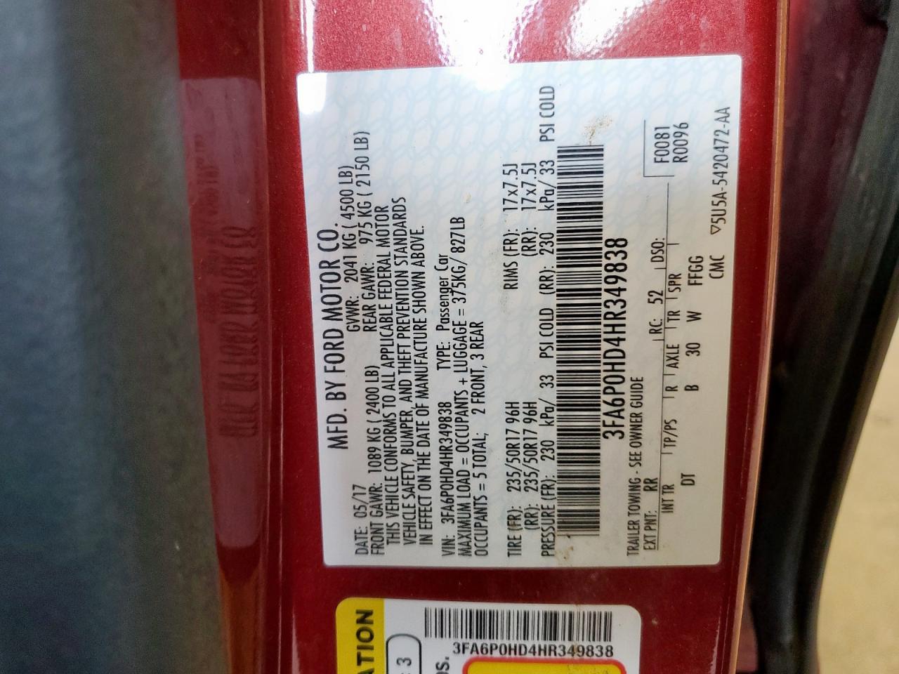 2017 Ford Fusion Se VIN: 3FA6P0HD4HR349838 Lot: 70994585