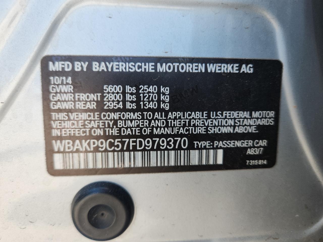 2015 BMW 550 Xi VIN: WBAKP9C57FD979370 Lot: 68207135