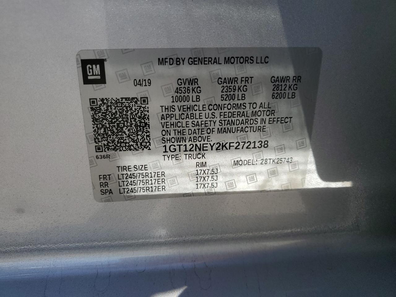 2019 GMC Sierra K2500 Heavy Duty VIN: 1GT12NEY2KF272138 Lot: 70516475