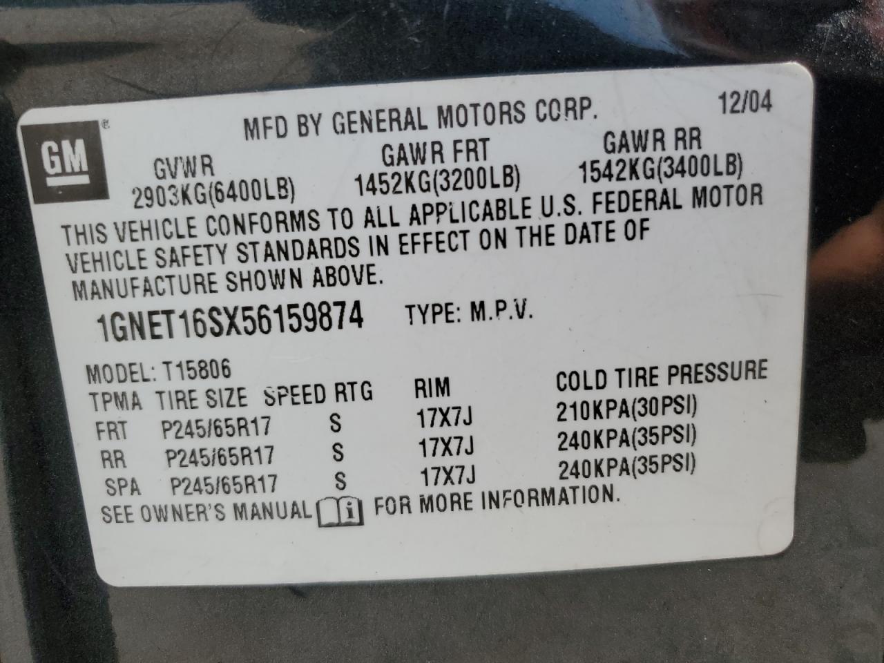 2005 Chevrolet Trailblazer Ext Ls VIN: 1GNET16SX56159874 Lot: 70495425