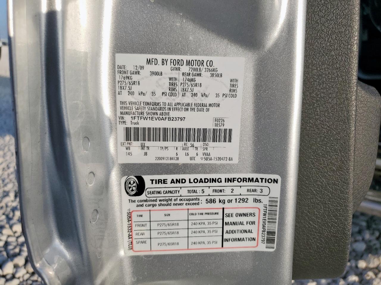 2010 Ford F150 Supercrew VIN: 1FTFW1EV0AFB23797 Lot: 70502005