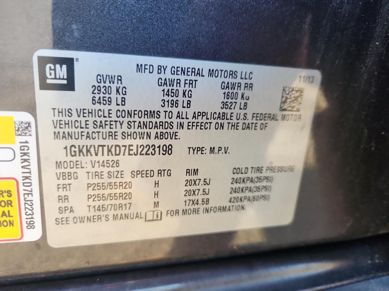 2014 GMC Acadia Denali VIN: 1GKKVTKD7EJ223198 Lot: 69879815