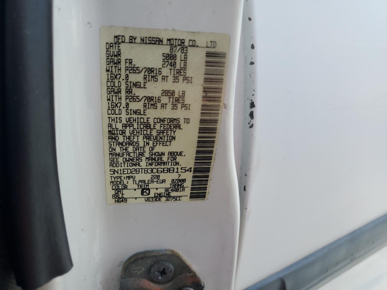 2003 Nissan Xterra Xe VIN: 5N1ED28T83C6-8815 Lot: 69293725