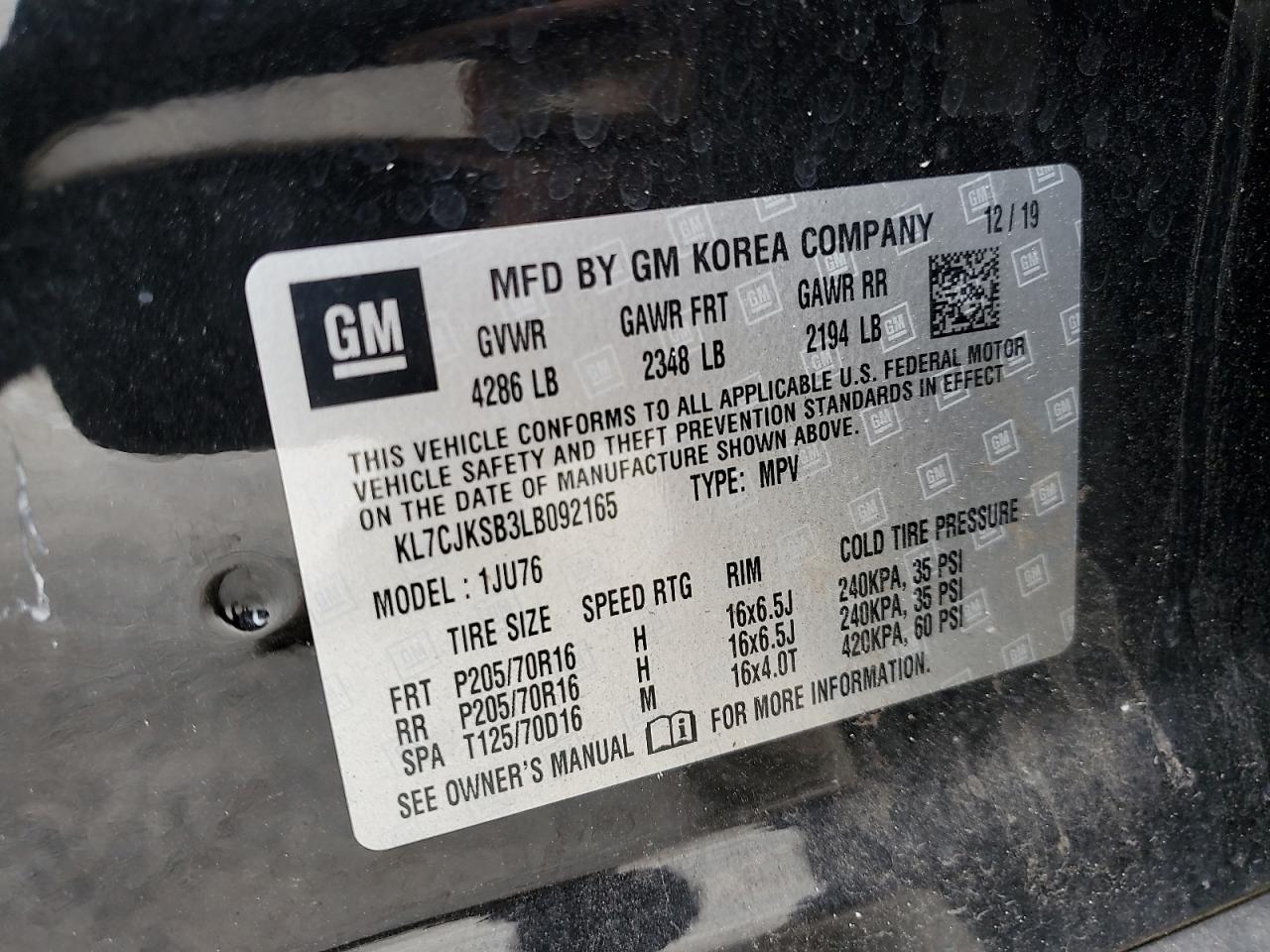 2020 Chevrolet Trax Ls VIN: KL7CJKSB3LB092165 Lot: 68280385