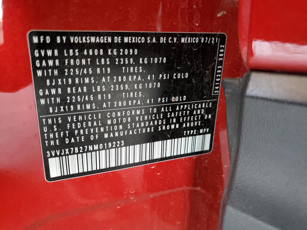 2022 Volkswagen Taos Sel VIN: 3VVJX7B27NM019223 Lot: 68252405