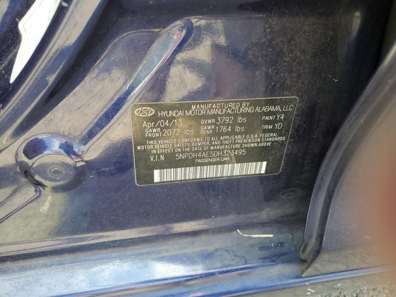 2013 Hyundai Elantra Gls VIN: 5NPDH4AE5DH323495 Lot: 69135195