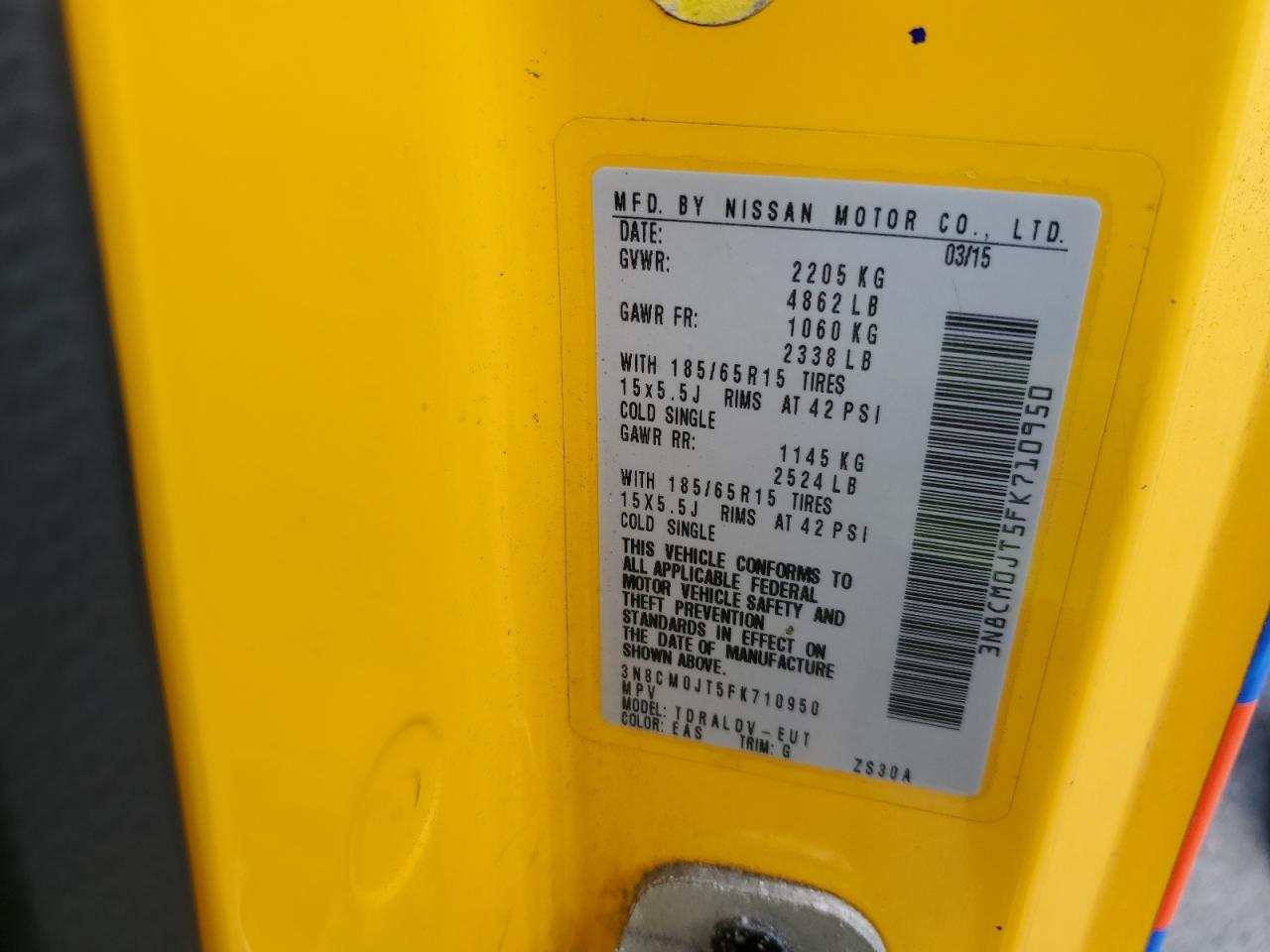 2015 Nissan Nv200 Taxi VIN: 3N8CM0JT5FK710950 Lot: 70684995