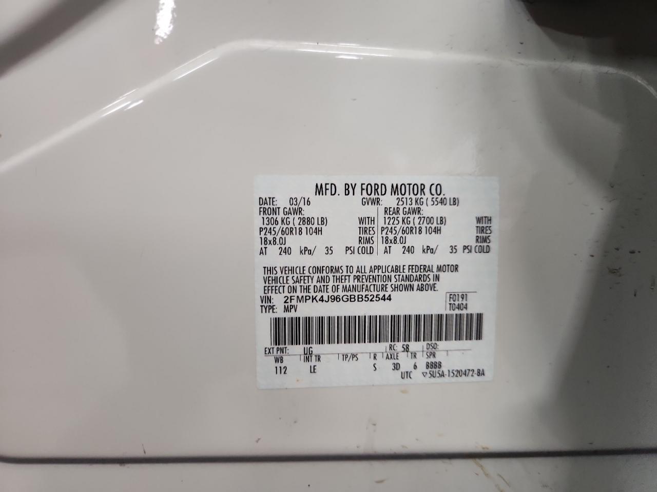 2016 Ford Edge Sel VIN: 2FMPK4J96GBB52544 Lot: 69933945